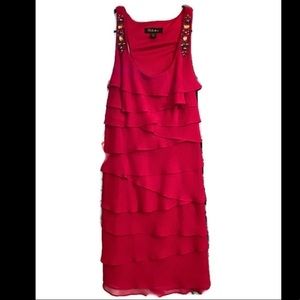 Bejeweled Red ruffled party cocktail sheath Dress size 10 embellished jewels